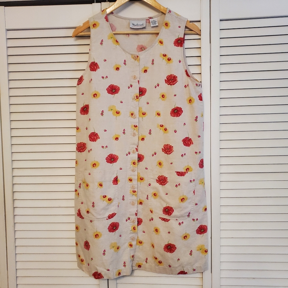 Westbound Linen Blend Floral Dress with Pockets, Size M